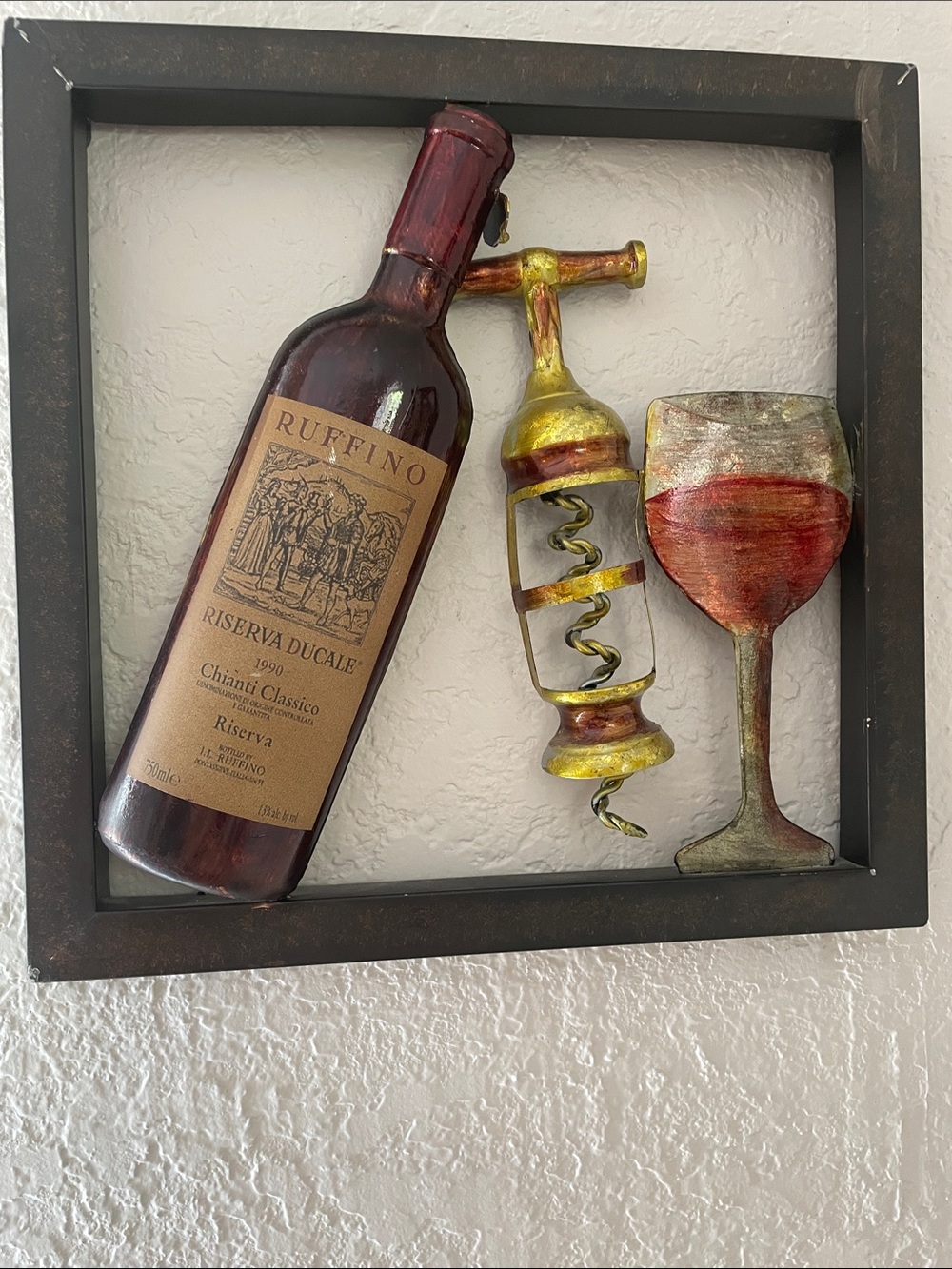 Red Wine Bottle Wall Decor with Gold Corkscrew and Red Glass Accents